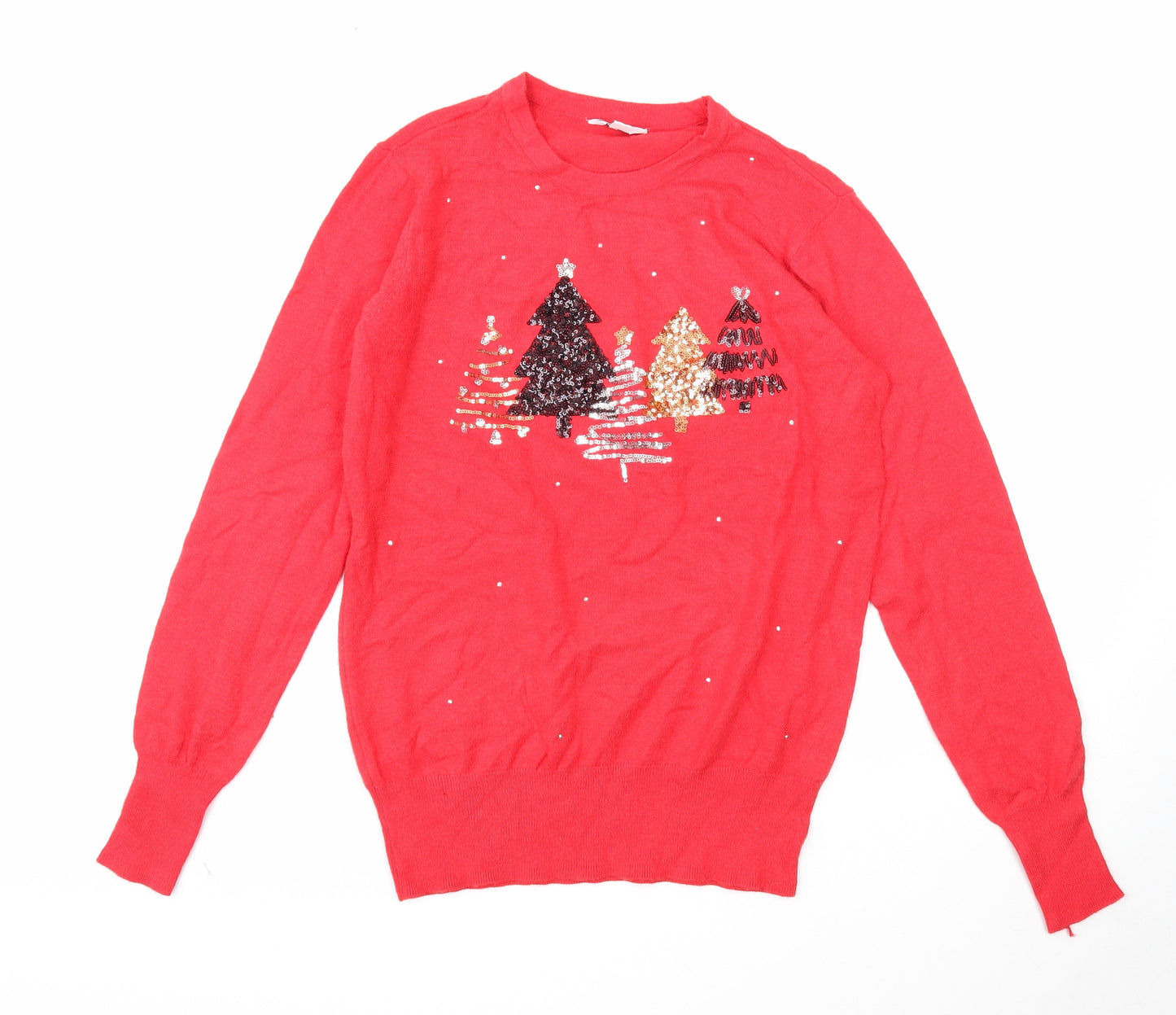M&Co Womens Red Round Neck Viscose Pullover Jumper Size 8 - Christmas Tree