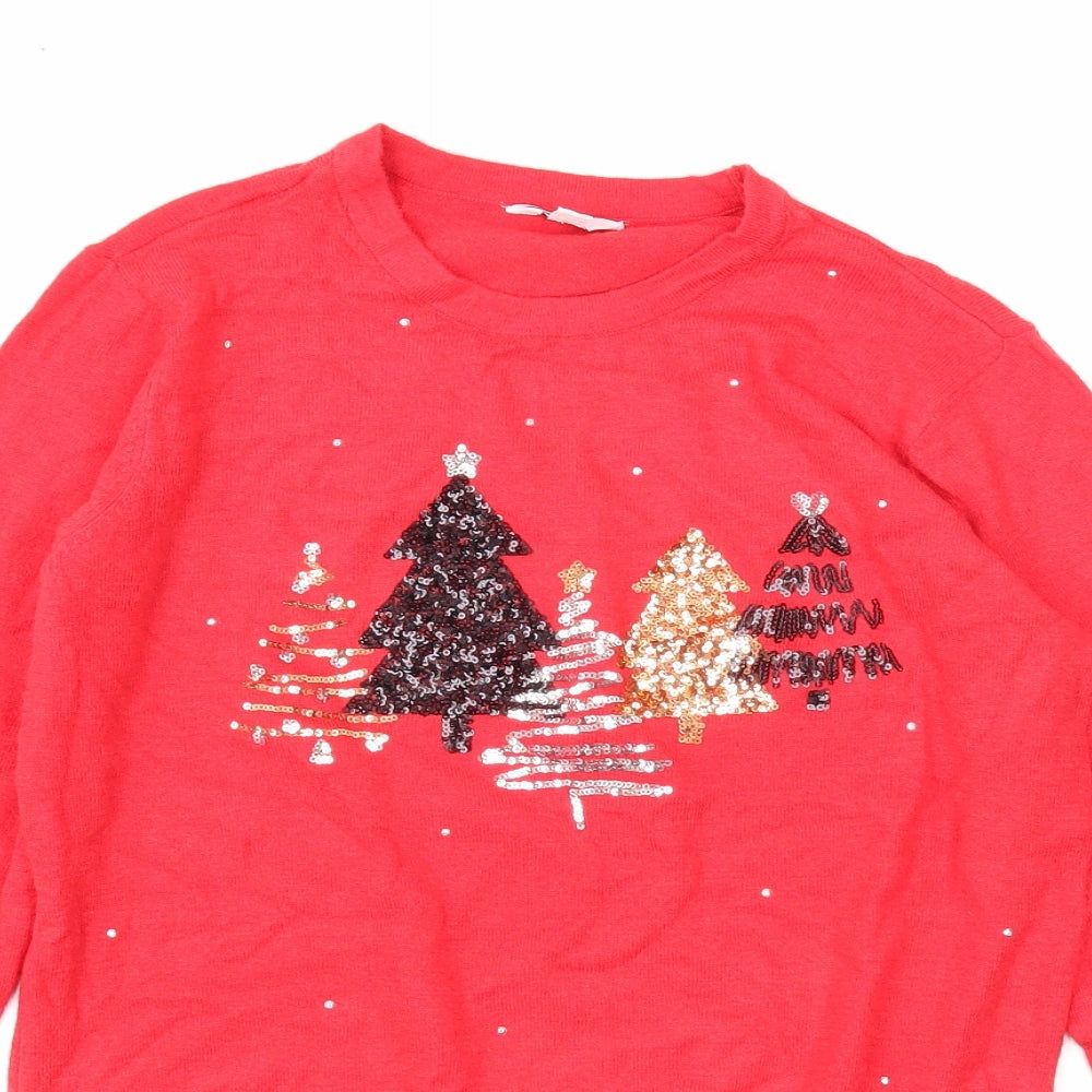 M&Co Womens Red Round Neck Viscose Pullover Jumper Size 8 - Christmas Tree