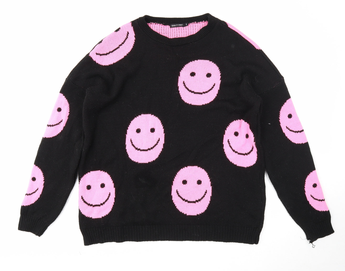 I SAW IT FIRST Womens Black Round Neck Geometric Acrylic Pullover Jumper Size S - Smiley face