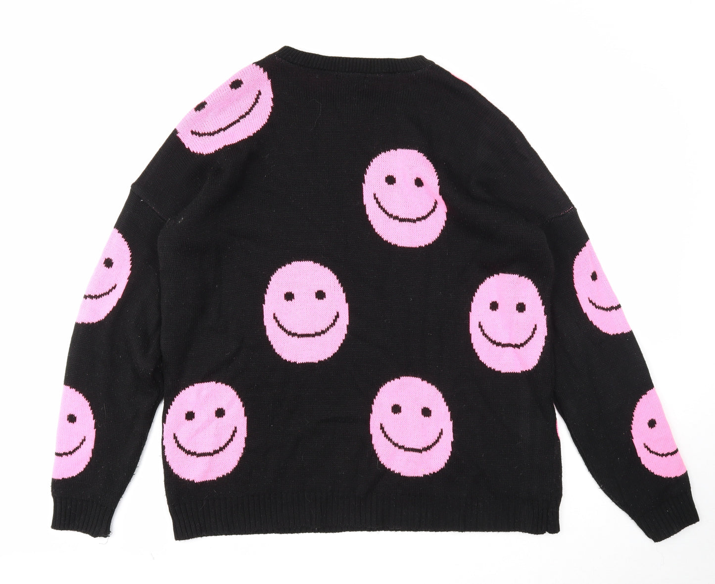 I SAW IT FIRST Womens Black Round Neck Geometric Acrylic Pullover Jumper Size S - Smiley face