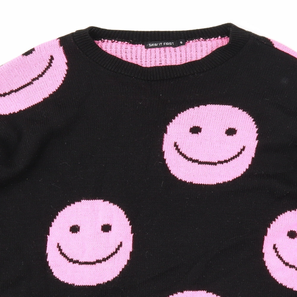 I SAW IT FIRST Womens Black Round Neck Geometric Acrylic Pullover Jumper Size S - Smiley face