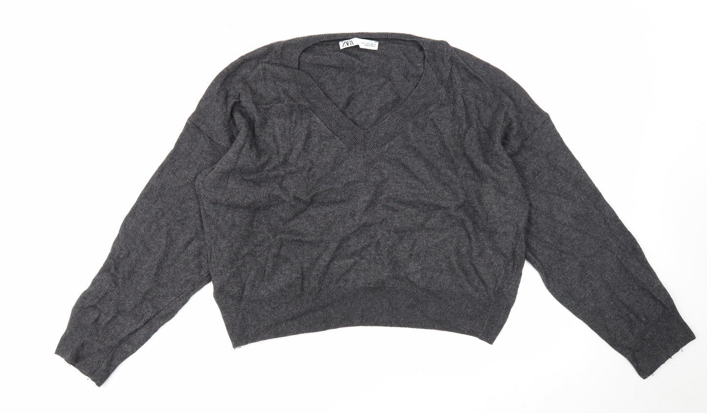 Zara Womens Grey V-Neck Acrylic Pullover Jumper Size L
