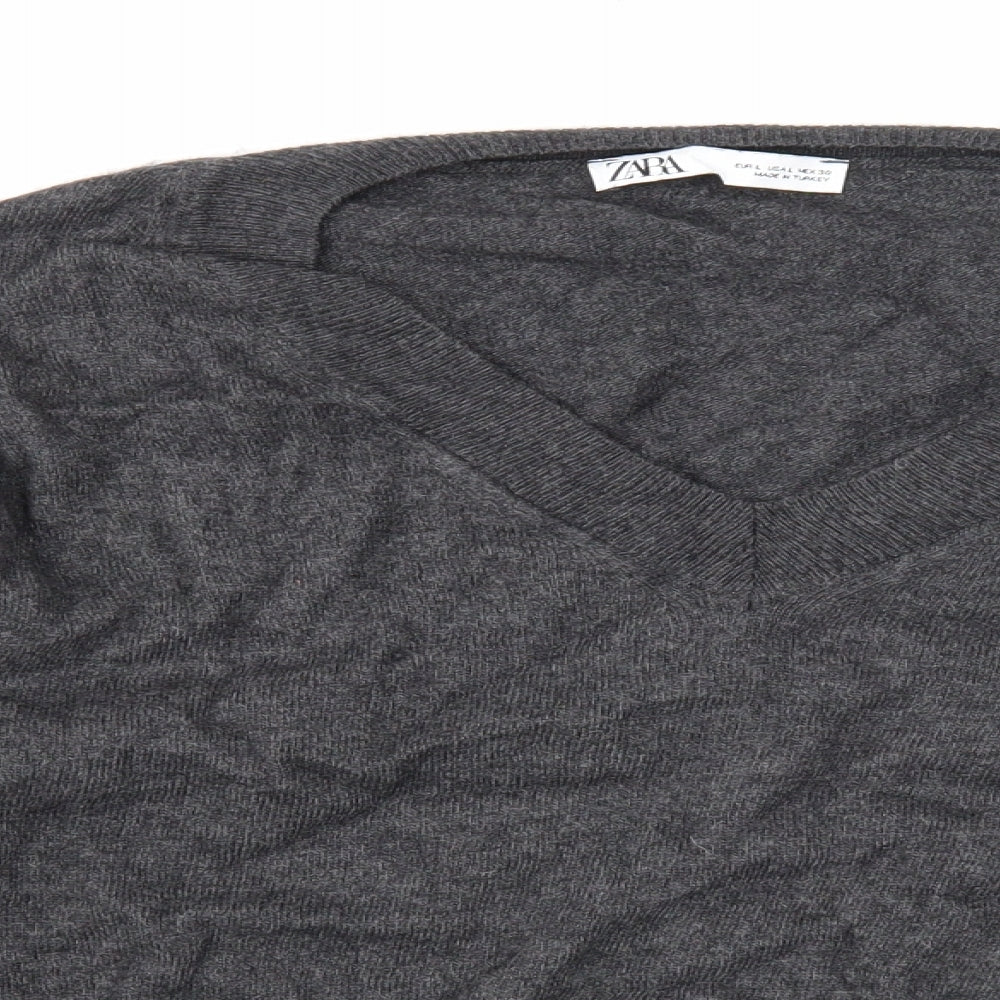 Zara Womens Grey V-Neck Acrylic Pullover Jumper Size L