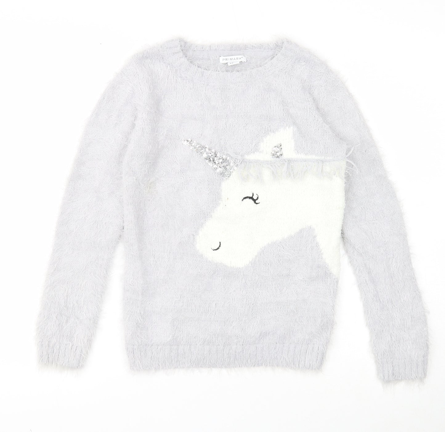 Primark Girls Grey Round Neck Polyamide Pullover Jumper Size 9-10 Years Pullover - Unicorn