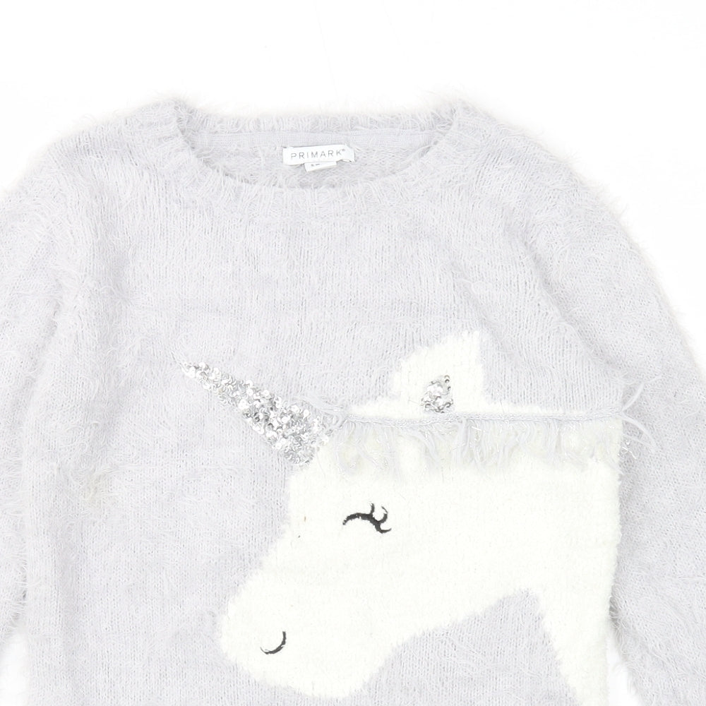 Primark Girls Grey Round Neck Polyamide Pullover Jumper Size 9-10 Years Pullover - Unicorn