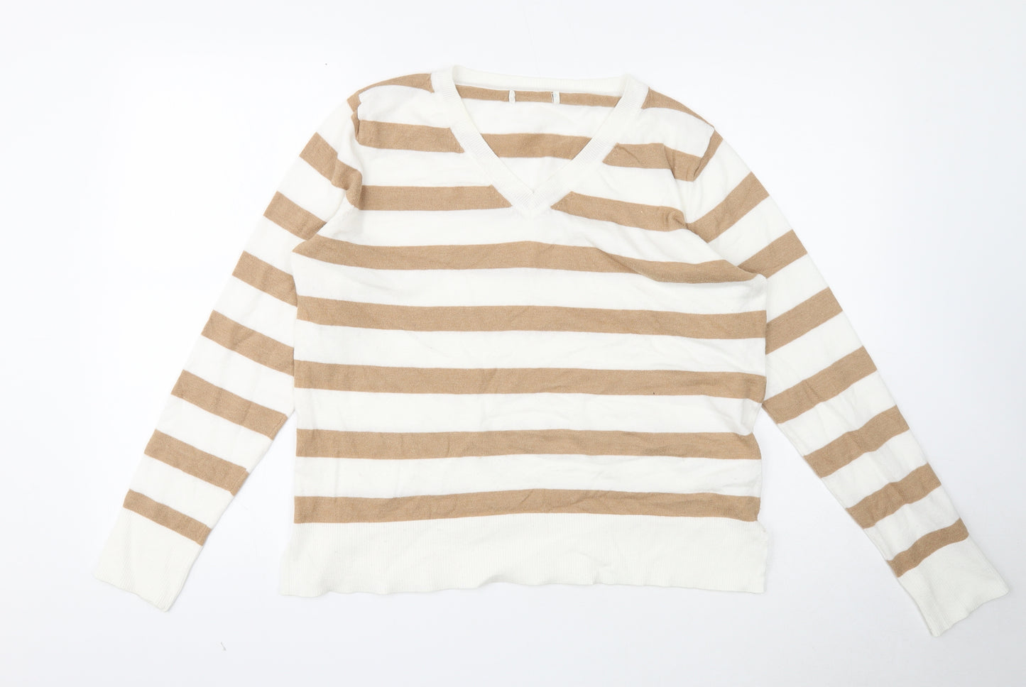 Primark Womens White V-Neck Striped Polyester Pullover Jumper Size 10