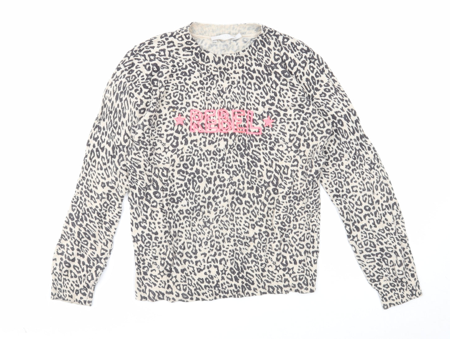 Mintie Girls Beige Round Neck Animal Print Cotton Pullover Jumper Size 9-10 Years Pullover - Rebel