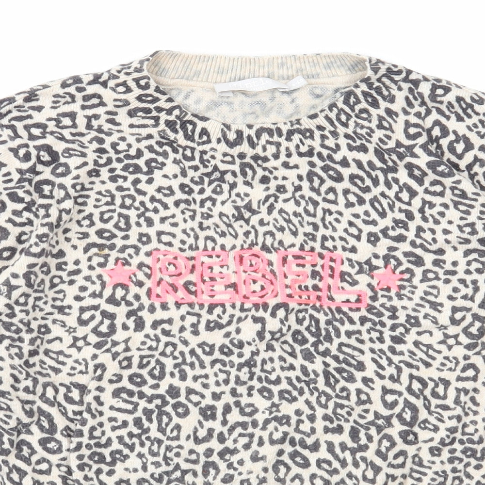 Mintie Girls Beige Round Neck Animal Print Cotton Pullover Jumper Size 9-10 Years Pullover - Rebel