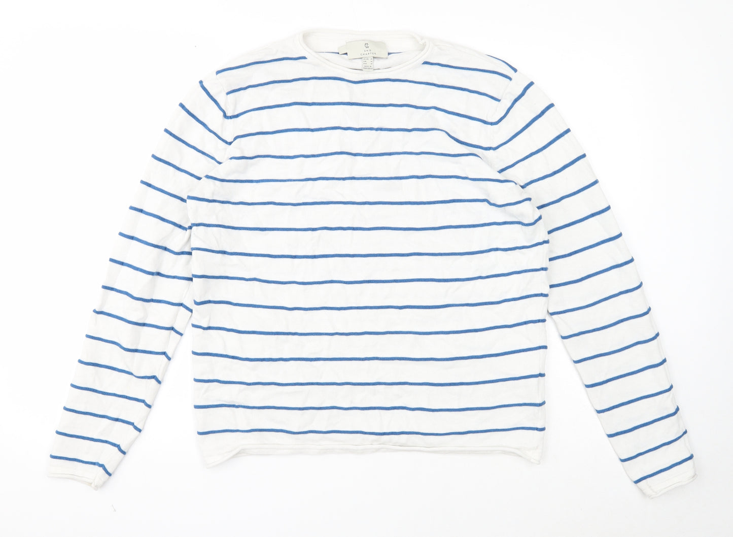 2nd Chapter Mens White Round Neck Striped Cotton Pullover Jumper Size M Long Sleeve