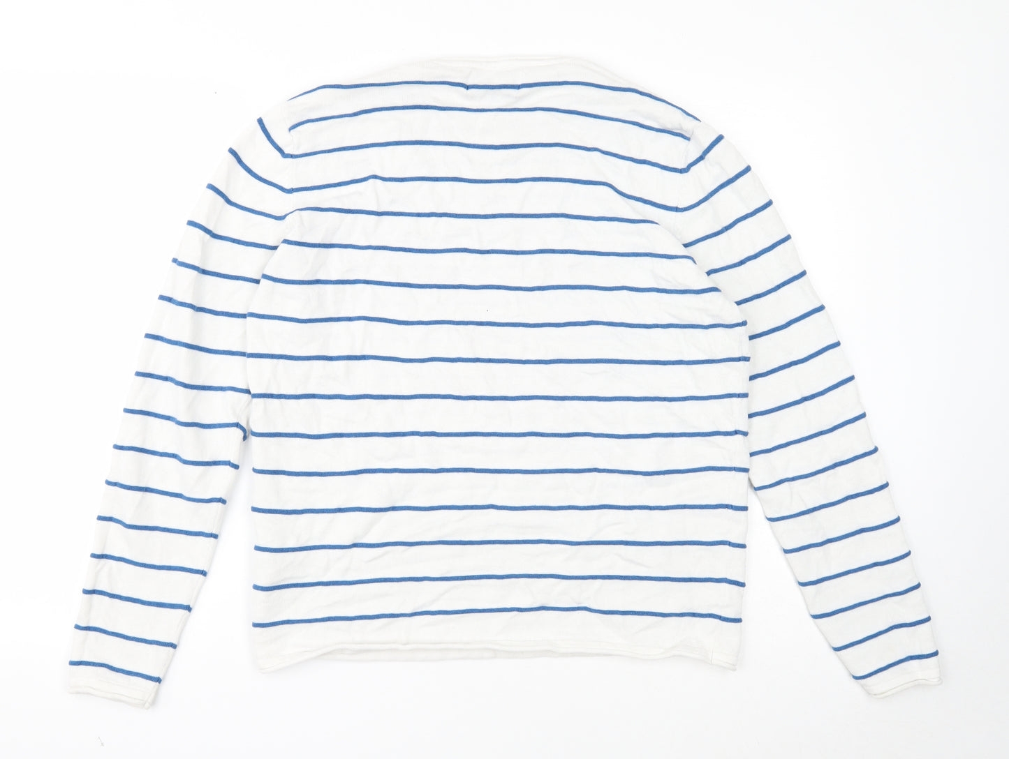 2nd Chapter Mens White Round Neck Striped Cotton Pullover Jumper Size M Long Sleeve