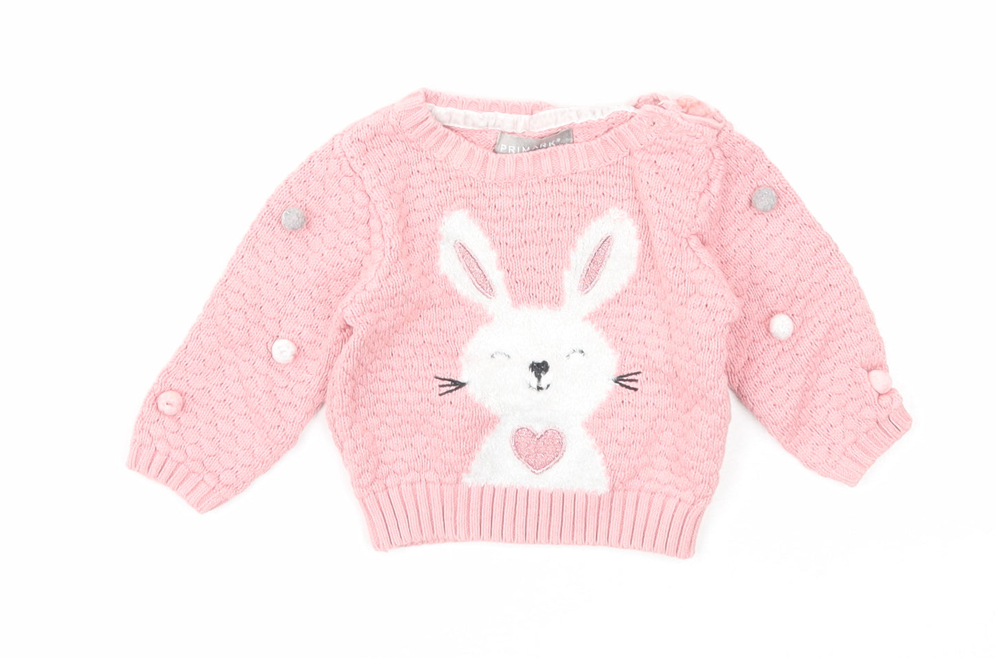 Primark Girls Pink Cotton Pullover Jumper Size 0-3 Months Button - Rabbit