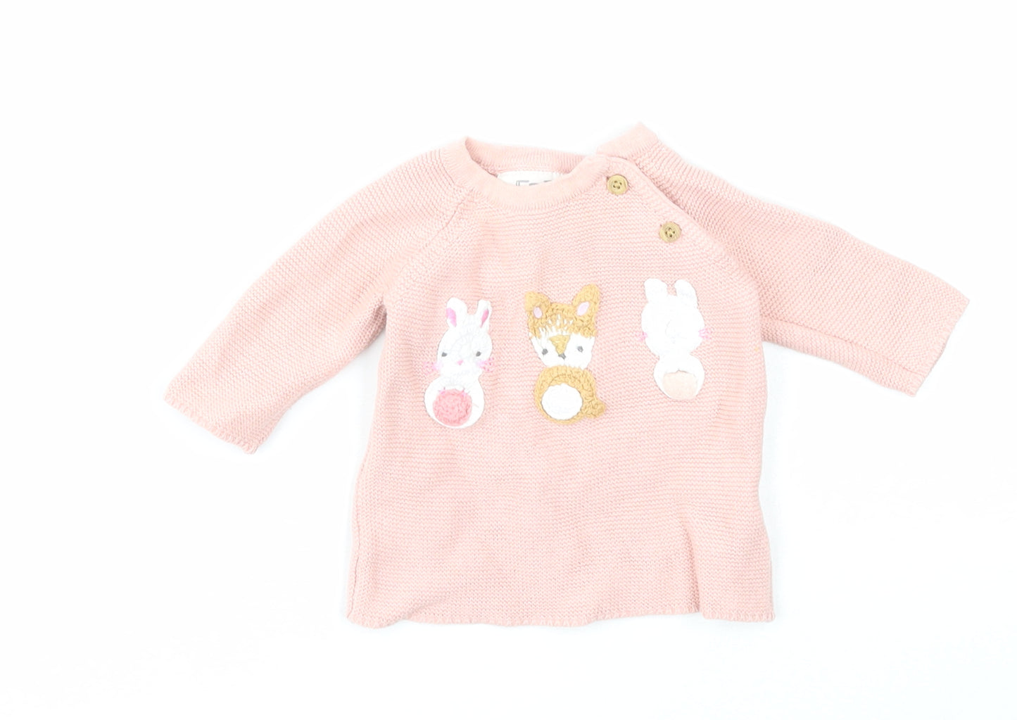 Fred & Flo Girls Pink Cotton Pullover Jumper Size 0-3 Months Button - Rabbit Fox