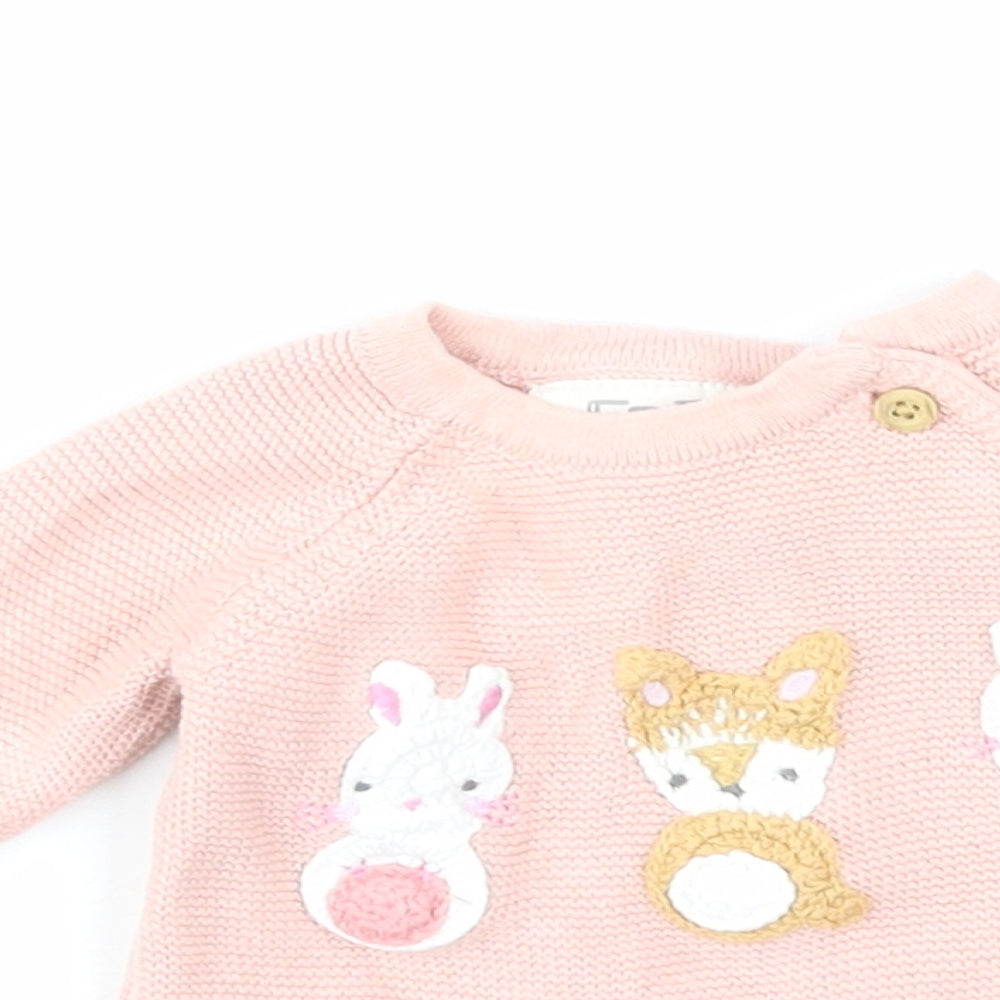 Fred & Flo Girls Pink Cotton Pullover Jumper Size 0-3 Months Button - Rabbit Fox