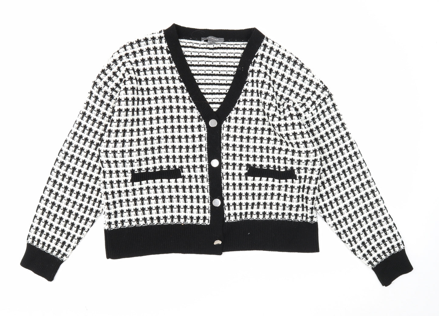 Primark Womens White V-Neck Geometric Acrylic Cardigan Jumper Size 14