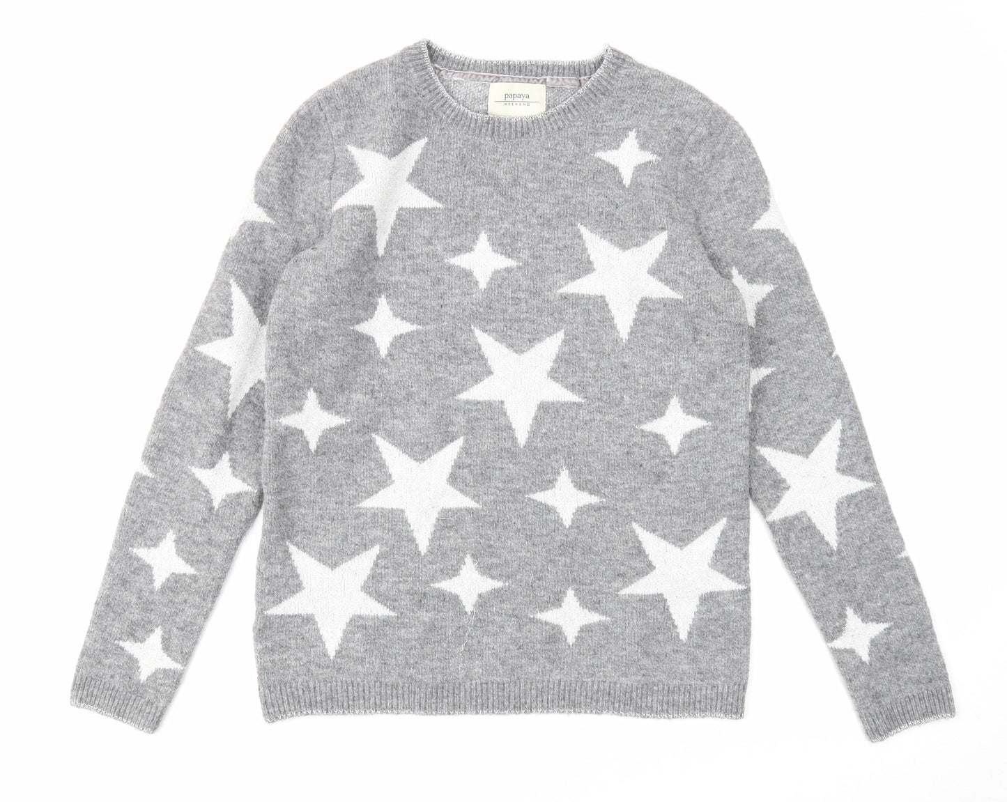Papaya Womens Grey Scoop Neck Geometric Acrylic Pullover Jumper Size S - Stars