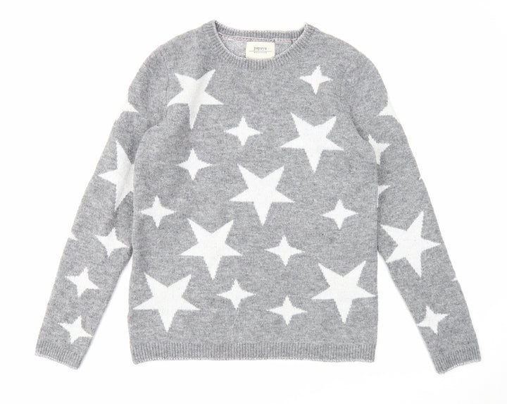 Papaya Womens Grey Scoop Neck Geometric Acrylic Pullover Jumper Size S - Stars