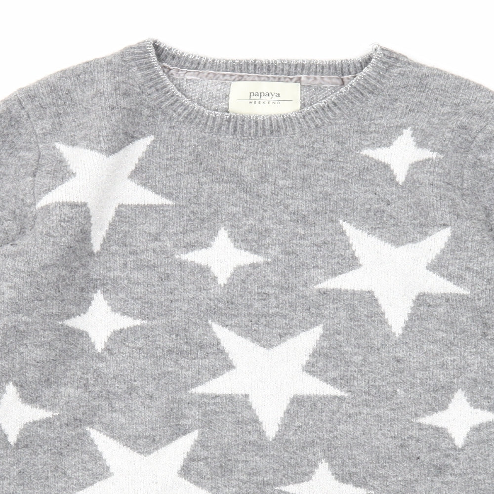 Papaya Womens Grey Scoop Neck Geometric Acrylic Pullover Jumper Size S - Stars