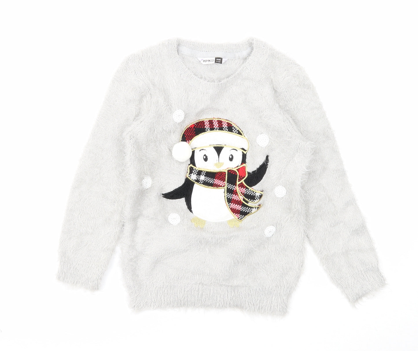 PEP&CO Girls Grey Round Neck Nylon Pullover Jumper Size 5-6 Years Pullover - Christmas Penguin