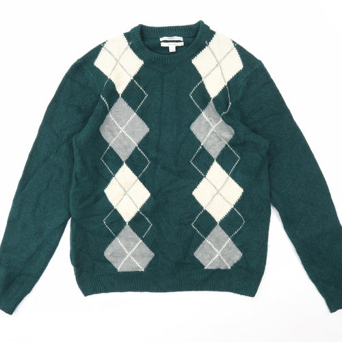 Marks and Spencer Mens Green Round Neck Argyle/Diamond Acrylic Pullover Jumper Size M Long Sleeve