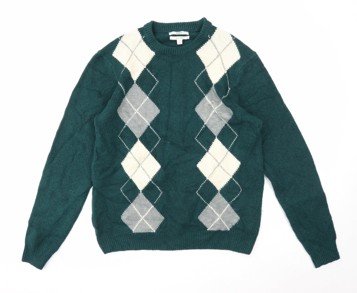 Marks and Spencer Mens Green Round Neck Argyle/Diamond Acrylic Pullover Jumper Size M Long Sleeve