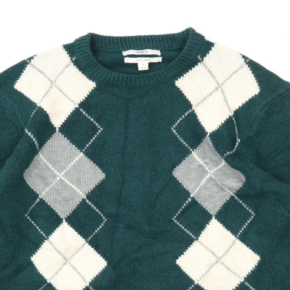 Marks and Spencer Mens Green Round Neck Argyle/Diamond Acrylic Pullover Jumper Size M Long Sleeve