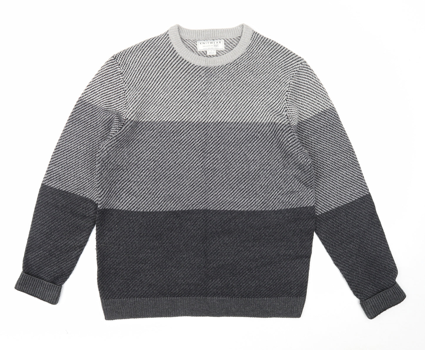 F&F Mens Grey Round Neck Acrylic Pullover Jumper Size L Long Sleeve