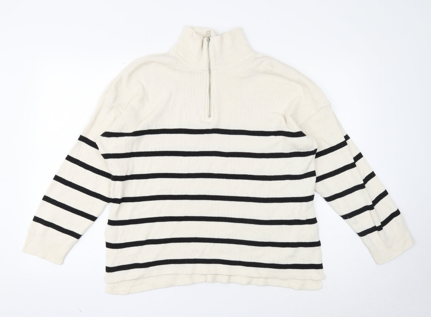 Stradivarius Womens White High Neck Striped Cotton Pullover Jumper Size L