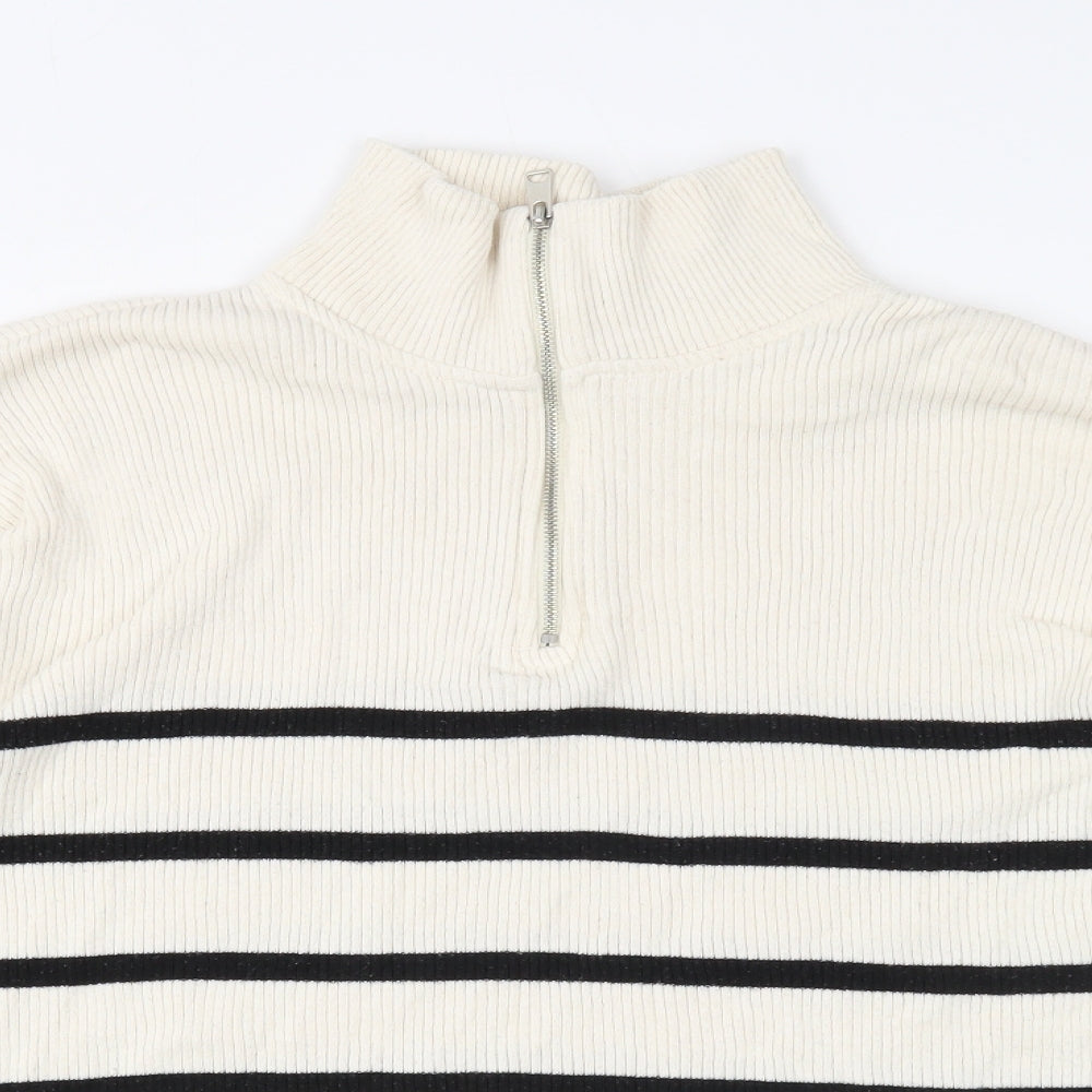 Stradivarius Womens White High Neck Striped Cotton Pullover Jumper Size L