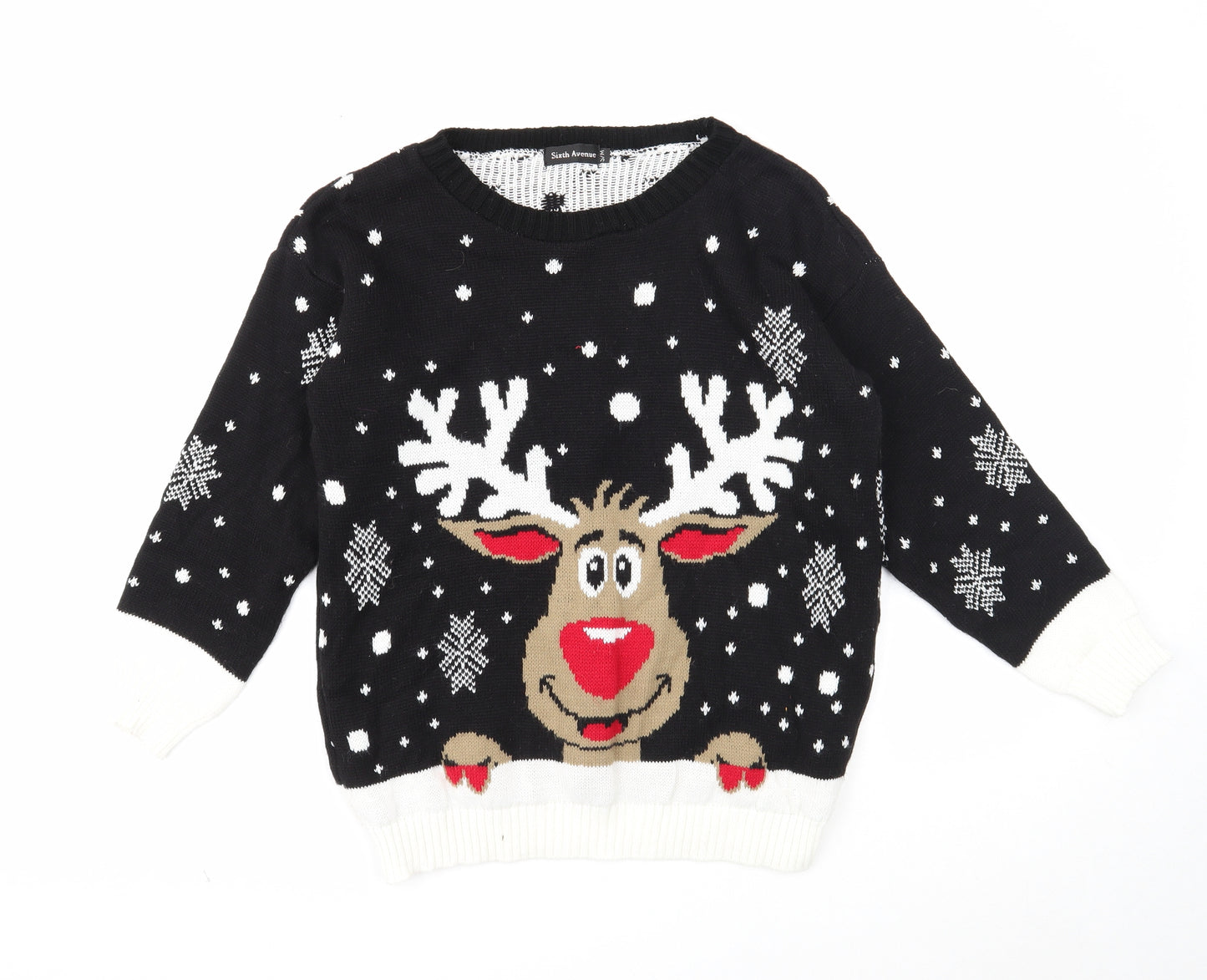 Sixth avenue Womens Black Round Neck Fair Isle Acrylic Pullover Jumper Size S - Christmas Rudolph