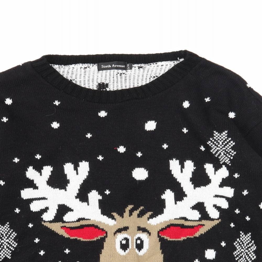 Sixth avenue Womens Black Round Neck Fair Isle Acrylic Pullover Jumper Size S - Christmas Rudolph