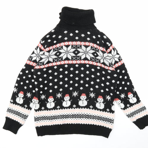 Lulua Womens Black Roll Neck Fair Isle Acrylic Pullover Jumper Size M - Christmas Snowman