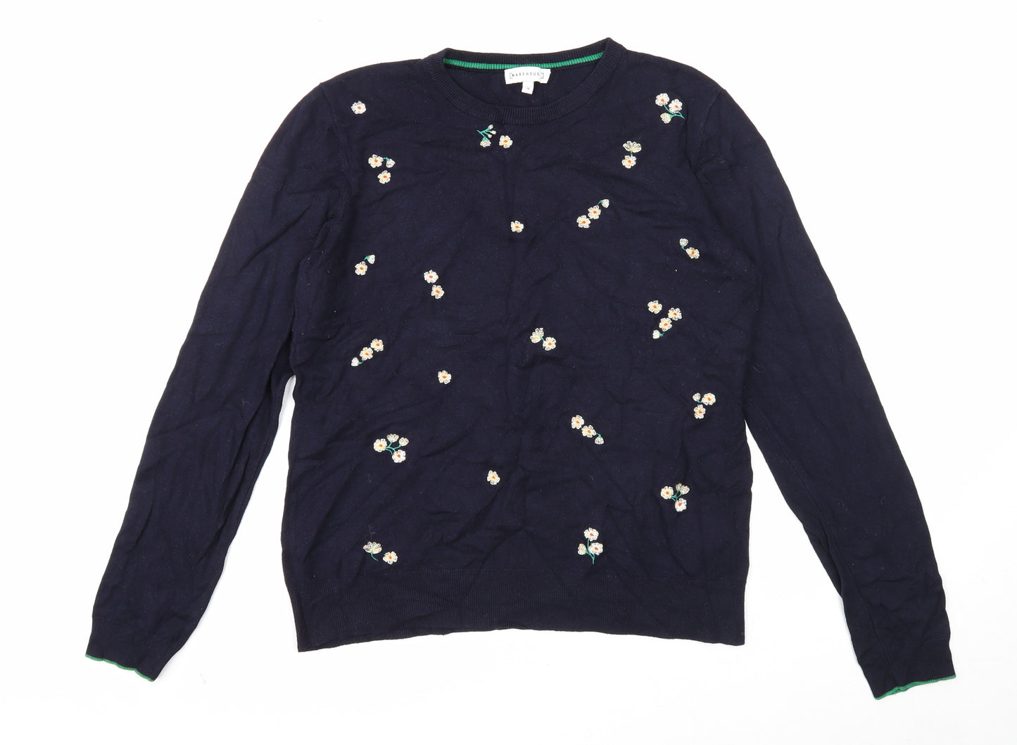 Warehouse Womens Blue Round Neck Floral Viscose Pullover Jumper Size 14