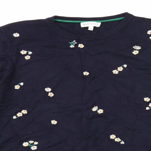Warehouse Womens Blue Round Neck Floral Viscose Pullover Jumper Size 14