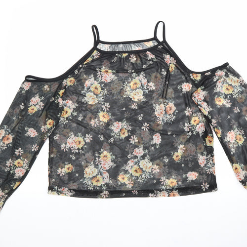 New Look Womens Black Floral Polyester Basic Blouse Size 10 Square Neck - Cold Shoulder
