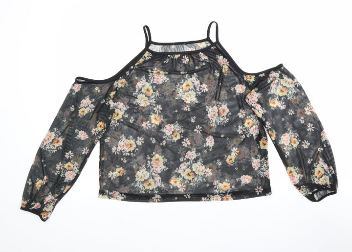 New Look Womens Black Floral Polyester Basic Blouse Size 10 Square Neck - Cold Shoulder
