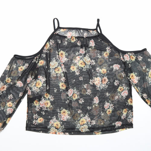 New Look Womens Black Floral Polyester Basic Blouse Size 10 Square Neck - Cold Shoulder