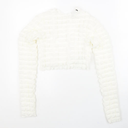 Boohoo Womens White Polyester Cropped Blouse Size 10 Round Neck - Textured