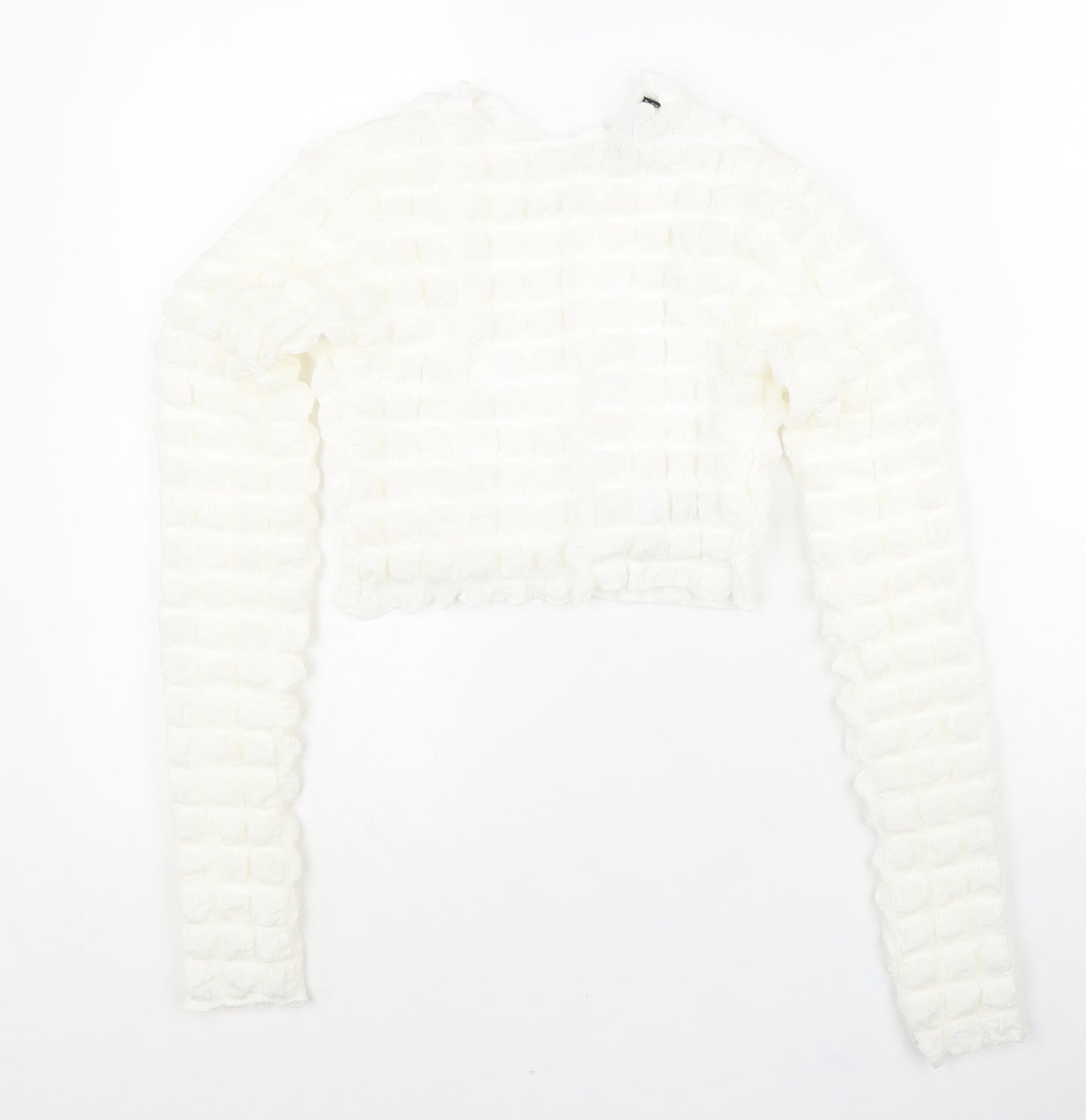 Boohoo Womens White Polyester Cropped Blouse Size 10 Round Neck - Textured