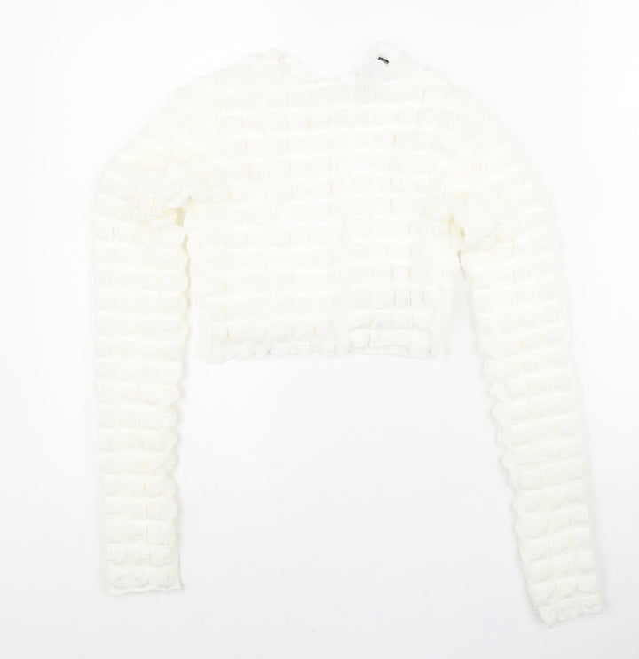 Boohoo Womens White Polyester Cropped Blouse Size 10 Round Neck - Textured