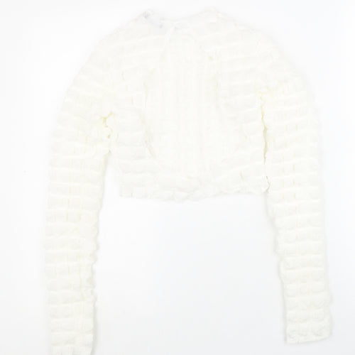 Boohoo Womens White Polyester Cropped Blouse Size 10 Round Neck - Textured
