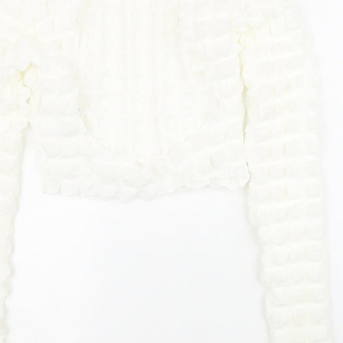 Boohoo Womens White Polyester Cropped Blouse Size 10 Round Neck - Textured