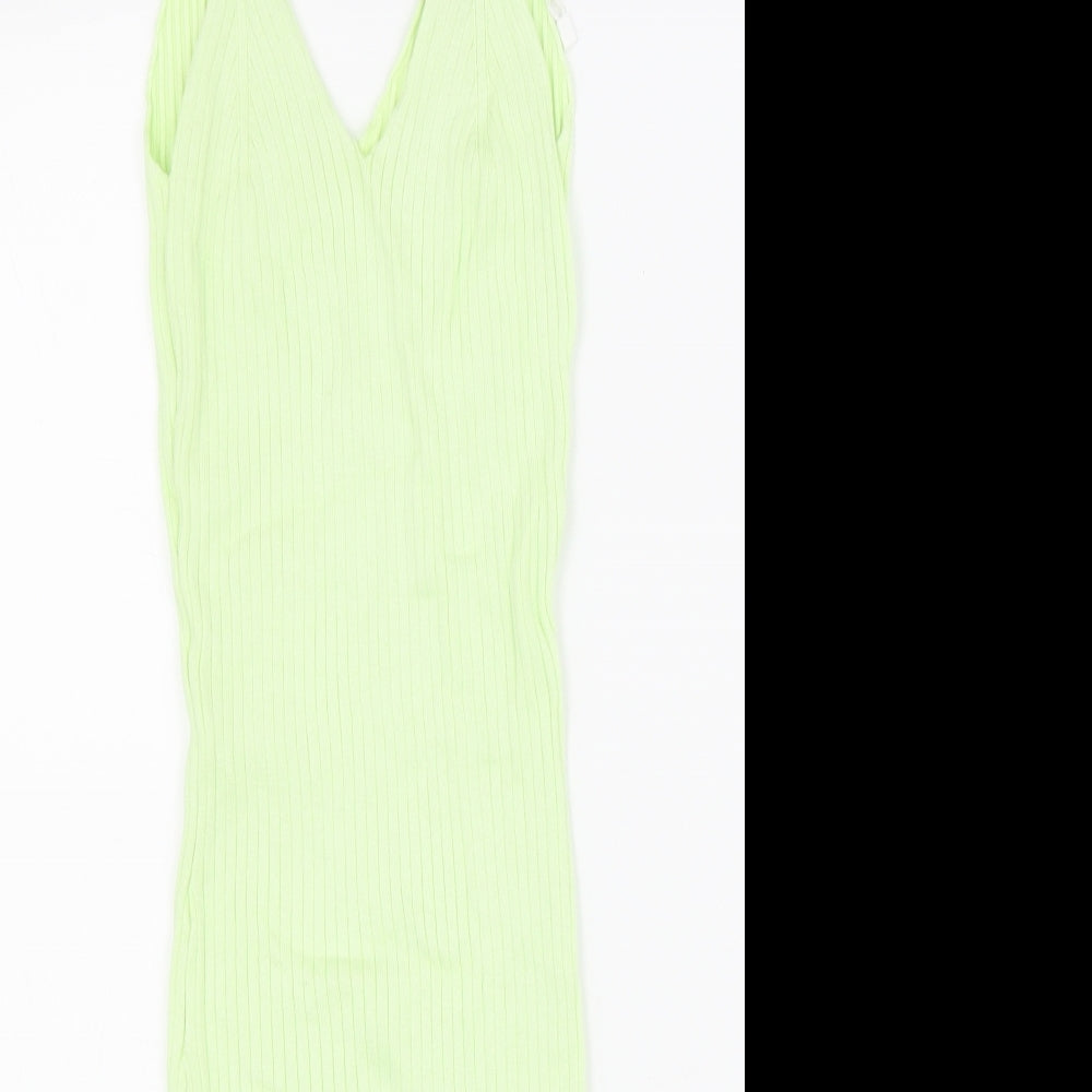 Bershka Womens Green Viscose Slip Dress Size S V-Neck Pullover