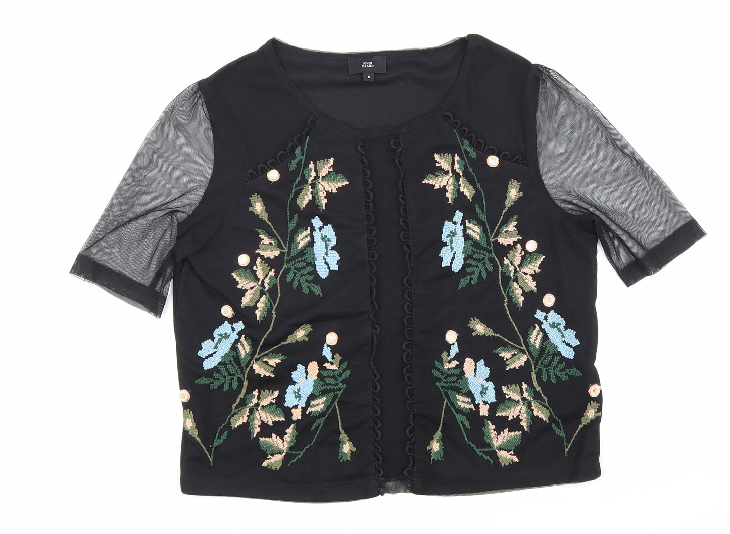 River Island Womens Black Polyester Basic T-Shirt Size 8 Round Neck - Floral Detail