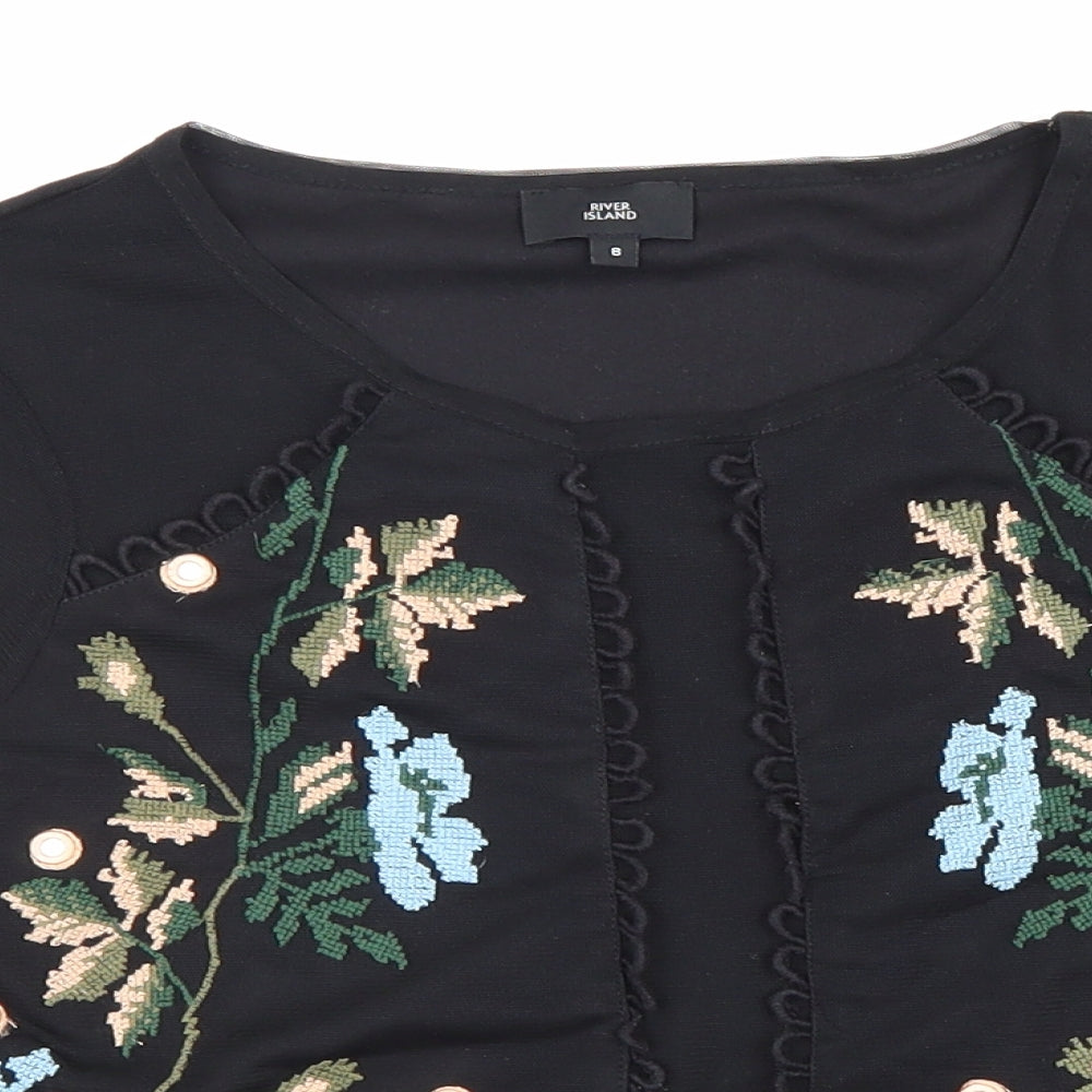 River Island Womens Black Polyester Basic T-Shirt Size 8 Round Neck - Floral Detail