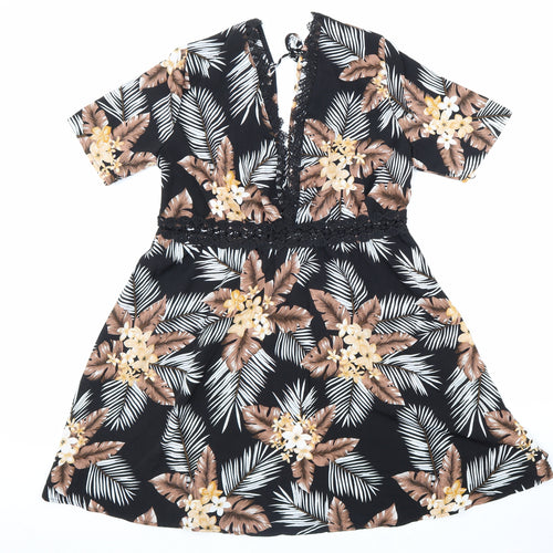 SheIn Womens Black Floral Polyester Fit & Flare Size 8 V-Neck Zip