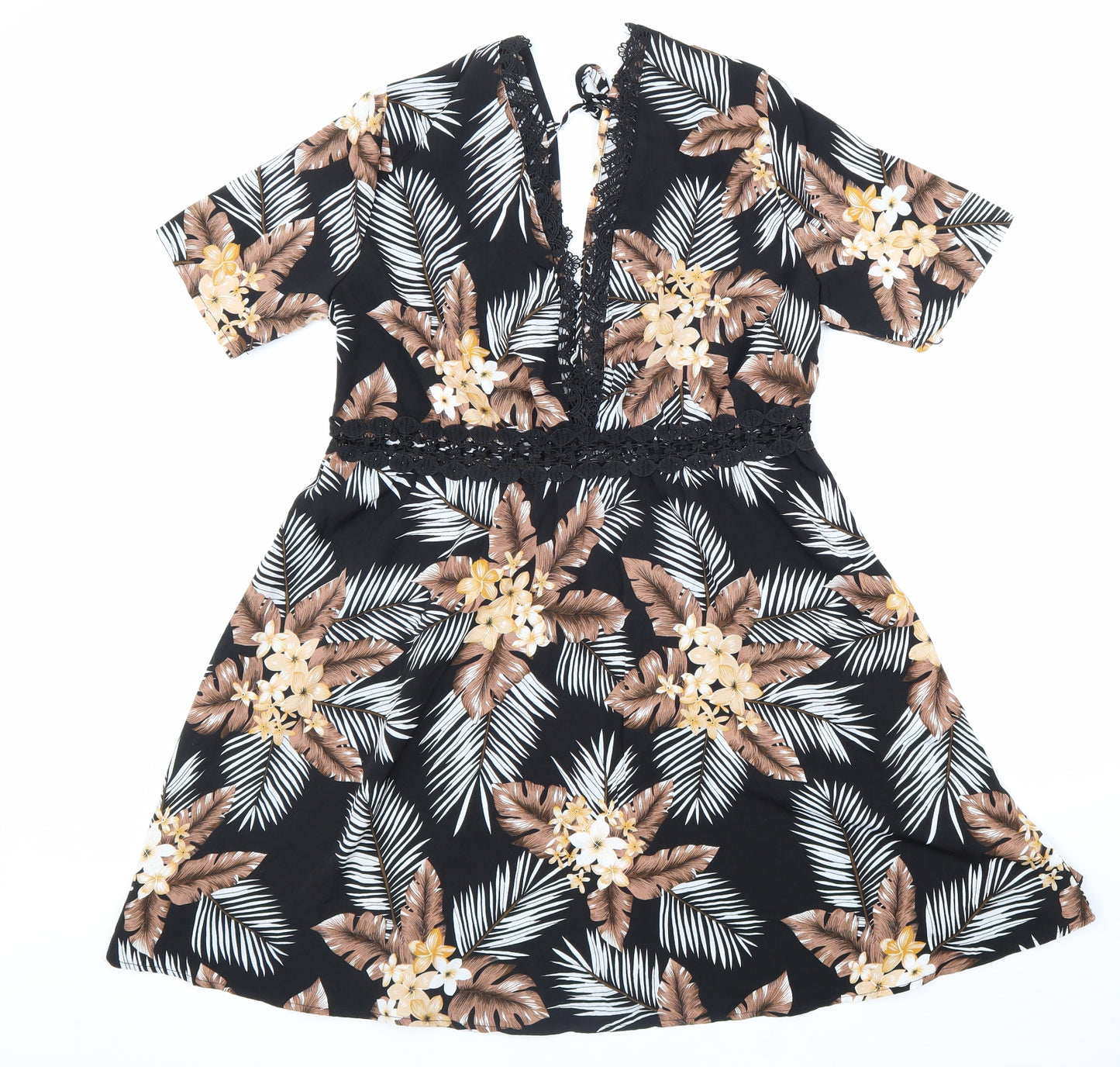 SheIn Womens Black Floral Polyester Fit & Flare Size 8 V-Neck Zip
