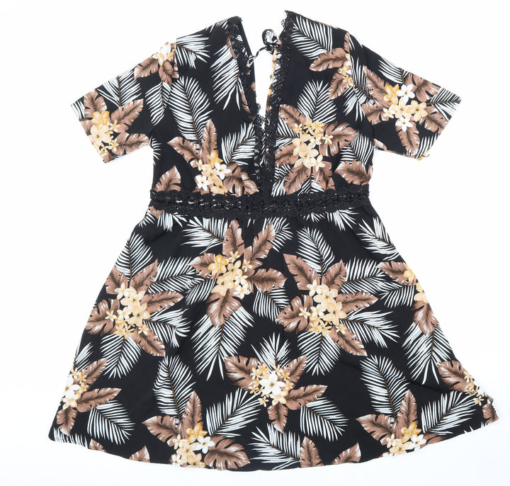 SheIn Womens Black Floral Polyester Fit & Flare Size 8 V-Neck Zip