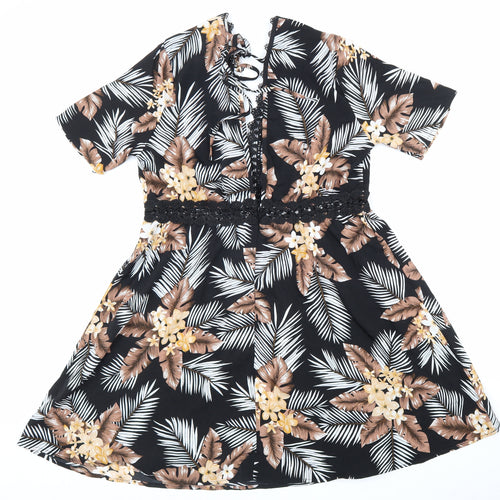 SheIn Womens Black Floral Polyester Fit & Flare Size 8 V-Neck Zip