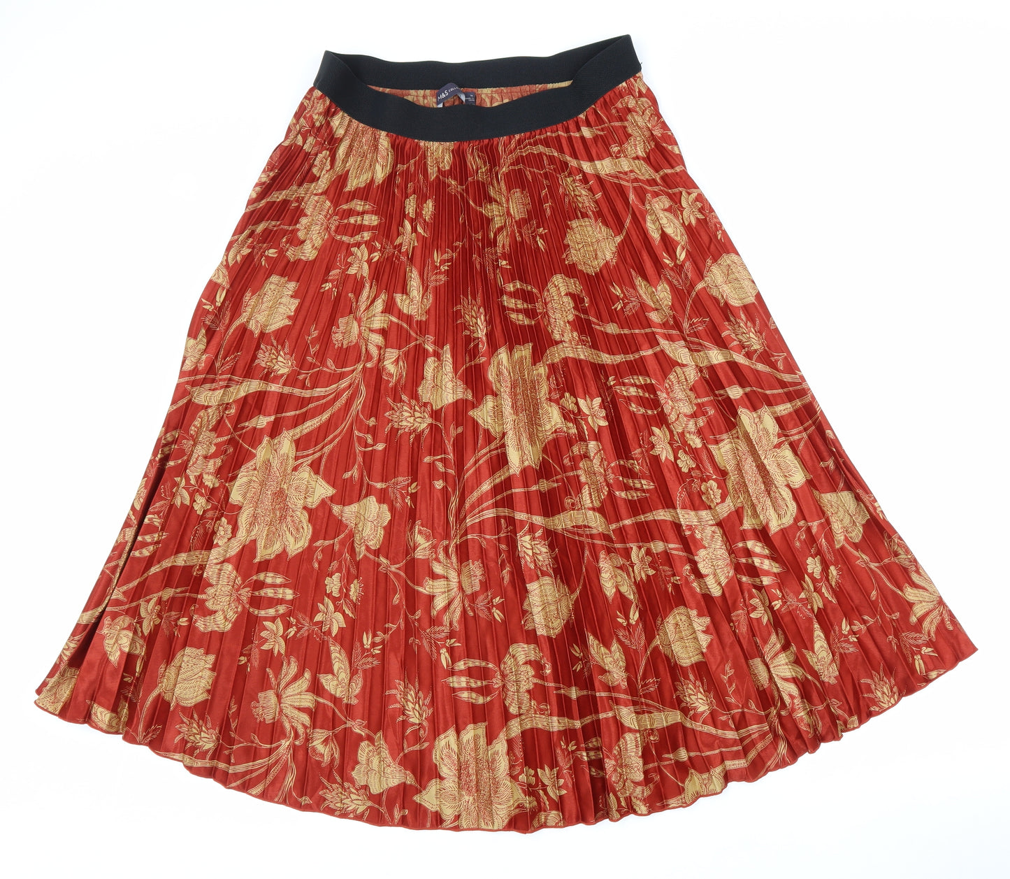 Marks and Spencer Womens Red Floral Polyester Pleated Skirt Size 14 Hook & Loop