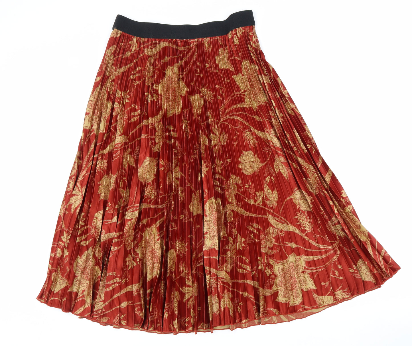Marks and Spencer Womens Red Floral Polyester Pleated Skirt Size 14 Hook & Loop